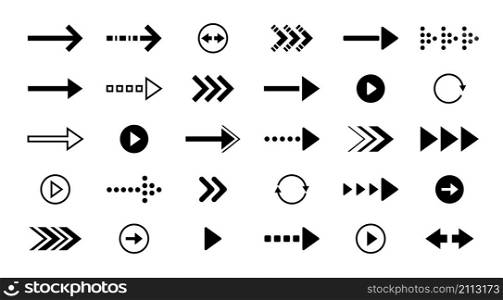 Black arrow icons. Interface back forward left right up and down direction symbols, web and application navigation collection. Vector orientation pointer and logo set dynamic arrows different directions. Black arrow icons. Interface back forward left right up and down direction symbols, web and application navigation collection. Vector orientation pointer and logo set