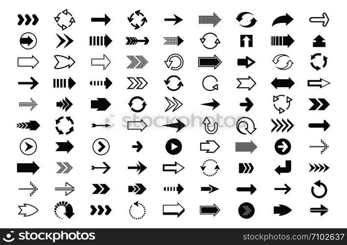 Black arrows big set. Direction pointers, up down left right signs of dots shapes and strokes, linear icon cursor pixel next arrow sign. Vector direction motion. Black arrows big set. Direction pointers, up down left right signs of dots shapes and strokes, linear icon cursor pixel next arrow sign. Vector motion