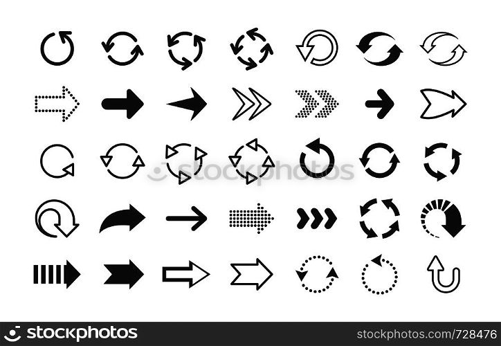 Black arrows. Circle and line direction symbols, flat pointers cursors and next page signs. Vector up down left right refresh motion arrow set. Black arrows. Circle and line direction symbols, flat pointers cursors and next page signs. Vector up down left right arrow set