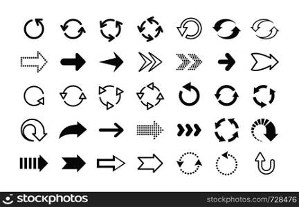 Black arrows. Circle and line direction symbols, flat pointers cursors and next page signs. Vector up down left right refresh motion arrow set. Black arrows. Circle and line direction symbols, flat pointers cursors and next page signs. Vector up down left right arrow set