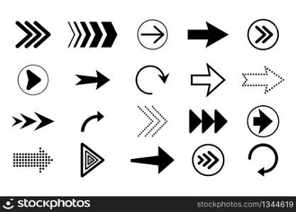 Black arrows collection isolated on white background. Different arrow shapes for navigation or web download. Direction button signs forward, right, down, repeat narrow. Modern cursor symbols. Vector.. Black arrows collection isolated on white background. Different arrow shapes for navigation or web download. Direction button signs forward, right, down, repeat narrow. Modern cursor symbols. Vector