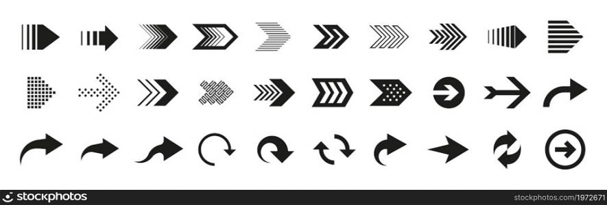 Black arrows. Graphic up and down icons. Back and forward direction silhouette symbols. Left or right interface navigation and orientation line marks mockup. Vector isolated minimal pointer signs set. Black arrows. Graphic up and down icons. Back and forward direction silhouette symbols. Left or right interface navigation and orientation marks mockup. Vector isolated pointer signs set