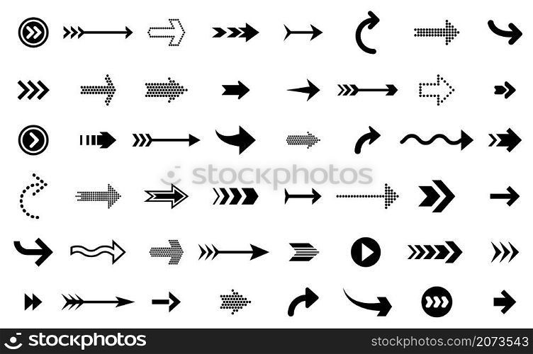Black arrows icons. Modern arrow up, direction sign symbols. Infographic up down element, pointer or interface cursor vector set. Direction right forward, application interface arrow illustration. Black arrows icons. Modern arrow up, direction sign graphic symbols. Infographic up down elements, pointer or interface cursor recent vector set