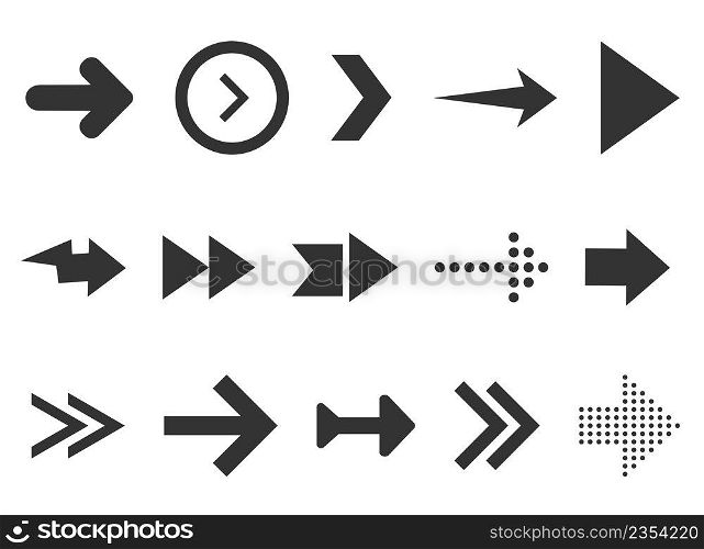 Black arrows set isolated on white background. Collection for web design, interface, UI etc. Vector illustration. Black arrows set isolated on white background. Collection for web design, interface, UI etc.