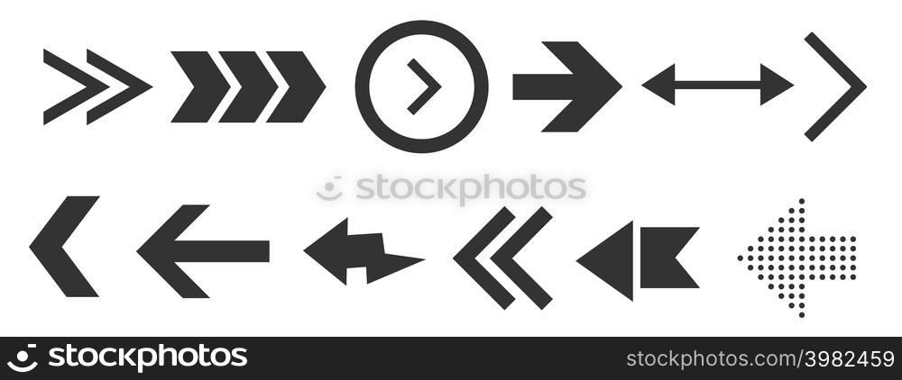Black arrows set isolated on white background. UI and web design. Vector illustration . Black arrows set isolated on white background. UI and web design.