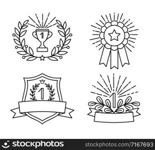 Black awards outline icons set. Vector prize and victory symbols, cup and medal linear icons on white background. Black awards outline icons set
