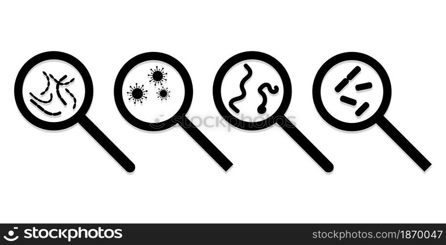 Black bacille sign. Biology concept. Magnifying glass with bacteria. Science backdrop. Vector illustration. Stock image. EPS 10.. Black bacille sign. Biology concept. Magnifying glass with bacteria. Science backdrop. Vector illustration. Stock image.