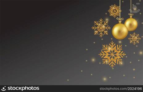 Black background template with hanging christmas ball and snowflakes