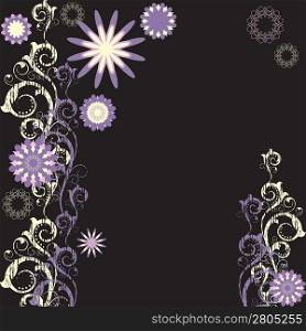 Black background with abstract lilac and pink flowers and branches