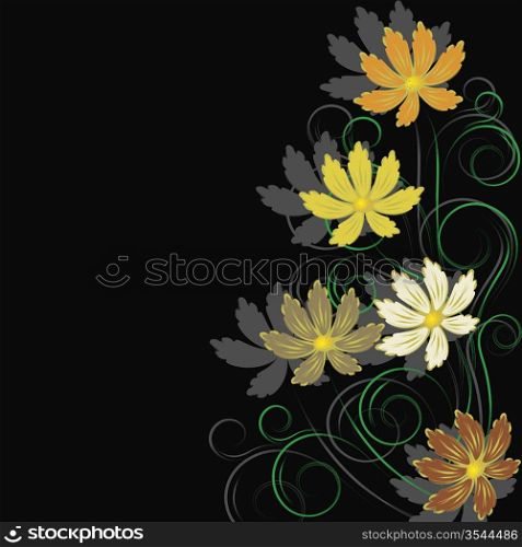 Black background with abstract orange,yellow and brown flowers and branches