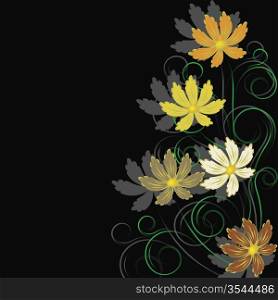 Black background with abstract orange,yellow and brown flowers and branches