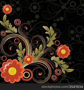 Black background with abstract red flowers and leaves