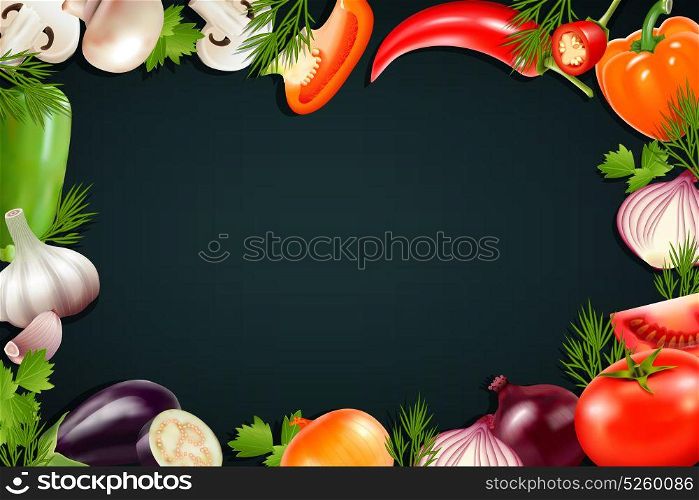 Black Background With Colorful Vegetables Frame . Black background with colorful frame containing realistic vegetables icons so as pepper eggplant tomato onion greengrocery vector illustration