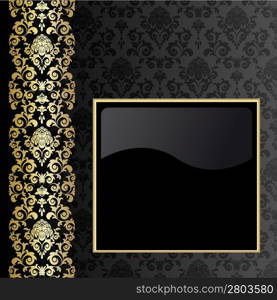 Black background with flowers and leaves and gold frame.