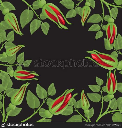 Black background with red roses and green leaves