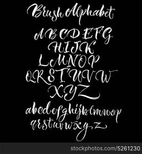 Black Background With White Scrawling Alphabet. Black background with white scrawling alphabet lettering made with brush in hand drawn style flat vector illustration