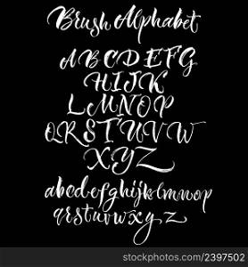 Black background with white scrawling alphabet lettering made with brush in hand drawn style flat vector illustration . Black Background With White Scrawling Alphabet
