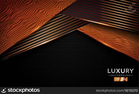 Black background with wood texture and golden shape composition. Graphic design element.
