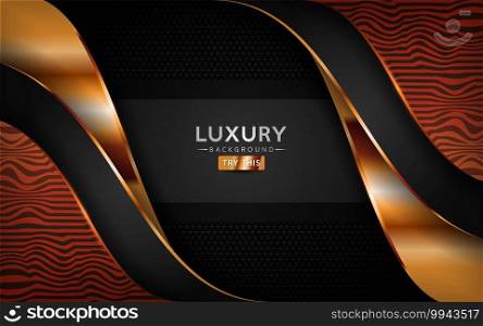 Black background with wood texture and golden shape composition. Graphic design element.