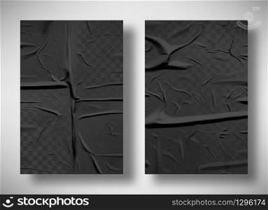 Black bad glued paper realistic vector illustration. Set of wet wrinkled and creased paper sheets with crumpled texture, blank posters glued to street wall or advertising column, mock up for design. Black bad glued paper with wrinkles and folds
