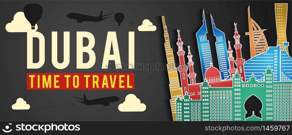 black banner of Dubai famous landmark silhouette colorful style,plane and balloon fly around with cloud,vector illustration