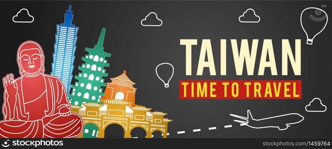 black banner of Taiwan famous landmark silhouette colorful style,travel and tourism,vector illustration