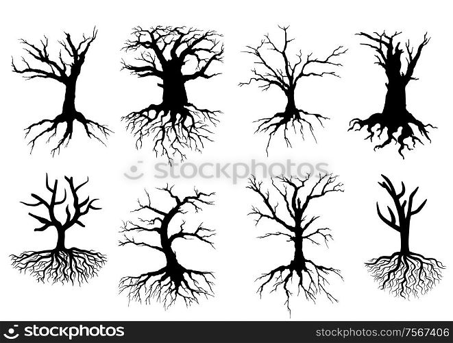 Black bare tree silhouettes with roots isolated over white background, suitable for eco and environment design