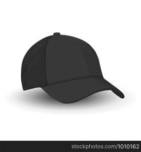 Black Baseball Cap Template. Vector Hat Mockup Isolated on White. Basic Black Blank of Sport Wear Hat. Side View. Tennis Sports Merchandise. Realistic Illustration Design. Modern Fashion Clothes.. Black Baseball Cap Template. Vector Hat Mockup
