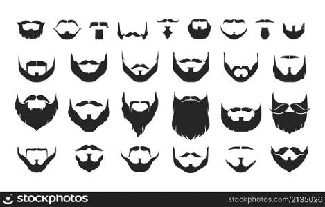 Black beard. Facial hair black silhouettes with different types of moustache and whisker. Barbershop and haircut trendy graphic collection. Male portrait hairstyle elements. Vector face decoration set. Black beard. Facial hair black silhouettes with different types of moustache and whisker. Barbershop and haircut graphic collection. Male portrait elements. Vector face decoration set