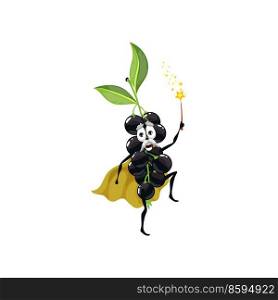 Black bird cherry magician or wizard with magic wand, vector funny berry fruit character. Cartoon bird berry or hackberry as fairy tale magician or sorcerer warlock with magic wand. Bird cherry magician or wizard with magic wand
