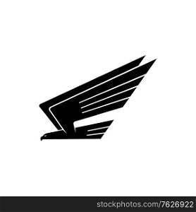 Black bird in flight isolated heraldry symbol. Vector flying hawk, falcon or eagle. Hawk flying bird isolated silhouette