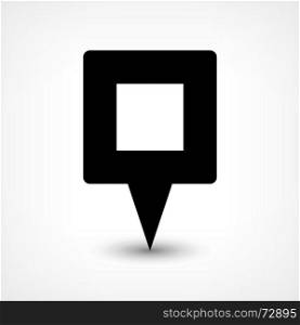 Black blank map pin flat location sign square icon. Map pin location sign rounded square icon in flat style. Simple black shapes with gray gradient oval shadow on white background. This web design element vector illustration save in 8 eps