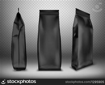 Black blank plastic or foil pack realistic vector. Bag or pouch for snacks, sweets and coffee, front and side view, illustrations isolated on transparent background, mock up for packaging design. Black blank plastic or foil pack realistic vector