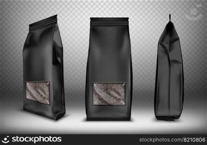Black blank plastic or foil pack snack bag with transparent window realistic vector. Bag or pouch for tea, sweets and coffee, front and side view isolated illustrations, mock up for packaging design. Black blank plastic or foil pack snack bag