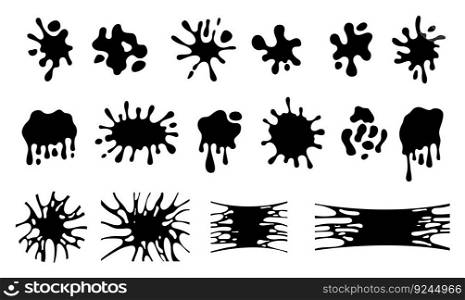 Black blobs, dribbling logo shapes. Drips and splash, amorphous abstract forms isolated. Ink trickle, melting drop and slime vector silhouettes of drip and blob shape illustration. Black blobs, dribbling logo shapes. Drips and splash, amorphous abstract forms isolated. Ink trickle, melting drop and slime vector silhouettes