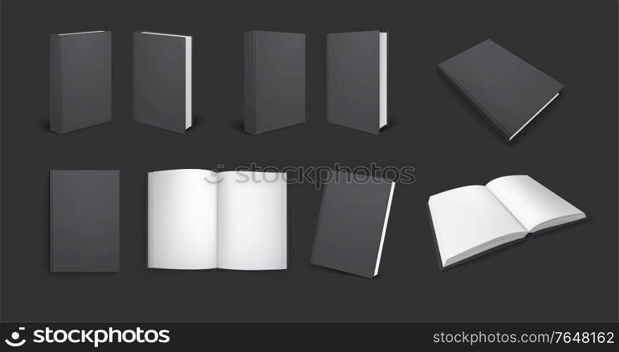 Black books mockup realistic set with views of dark copybook from different angles with empty pages vector illustration