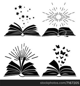 Black books silhouettes with flying butterflies, stars and sunburst, vector illustration. Black books silhouettes