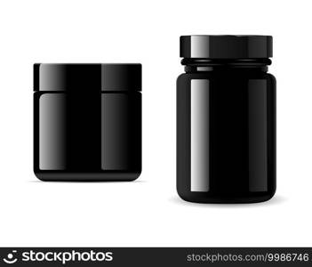 Black bottle. Cosmetic jar vector 3d mockup. Glossy glass supplement pill container mock up. Cosmetic cream jar, premium face skin product. Vitamin tablet package with screw lid, scrub bottle. Black bottle. Cosmetic jar glass container mockup