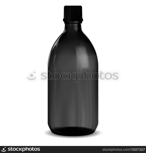 Black bottle. Glass medical jar. Syrup vial mockup. Pharmacy packaging for vitamin or essential aromatic oil. Round design 3d pharmaceutical medicament storage with screw plastic lid isolated on white. Black bottle. Glass medical jar. Syrup vial mockup