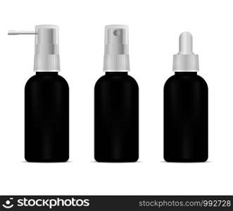 Black bottles set for cosmetics or medical needs. Sprayer and dropper jars with white caps.. Black bottles set for cosmetics or medical needs.
