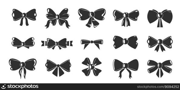 Black bows icons. Decorative bowknot silhouettes different shapes, gift wrapping ribbons, ornate elements for party celebration decor. Vector isolated set of bowknot for present holiday illustration. Black bows icons. Decorative bowknot silhouettes different shapes, gift wrapping ribbons, ornate elements for party celebration decor. Vector isolated set