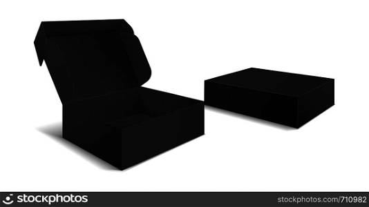 Black box packaging. Side view open and closed gift blank boxes. Empty cardboard black product package 3d vector isolated simple template. Black box packaging. Side view open and closed gift blank boxes. Empty cardboard black product package 3d vector isolated template