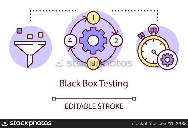 Black box testing concept icon. Examine computer functionality idea thin line illustration. Software testing process. Indicating issues and problems. Vector isolated outline drawing. Editable stroke