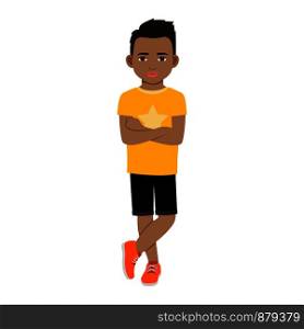 Black boy in a yellow t-shirt isolated vector illustration on white background. Black boy in yellow t-shirt