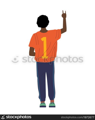 Black boy in T-shirt with number. View from behind of African guy. Cartoon standing young man in sport clothes. Casual outfit. Isolated teenager looking forward and showing hand gesture. Vector posing. Black boy in T-shirt with number. View from behind of African guy. Cartoon standing man in sport clothes. Casual outfit. Teenager looking forward and showing hand gesture. Vector posing