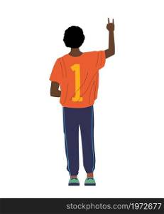 Black boy in T-shirt with number. View from behind of African guy. Cartoon standing young man in sport clothes. Casual outfit. Isolated teenager looking forward and showing hand gesture. Vector posing. Black boy in T-shirt with number. View from behind of African guy. Cartoon standing man in sport clothes. Casual outfit. Teenager looking forward and showing hand gesture. Vector posing