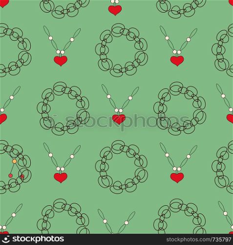 Black bracelets and chain with red heart pendant seamless pattern on green background. Jewellery illustration for greeting cards,invitations, jewellery store advertisements.. Black bracelets and chain with red heart pendant seamless pattern on green background.