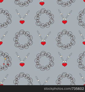 Black bracelets and chain with red heart seamless pattern on blue background.