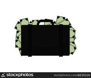 Black briefcase, that is full of money, left by businessman on the ground, represented on vector illustration isolated on white background. Briefcase Full of Money on Vector Illustration