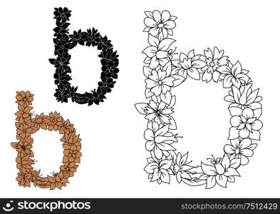 Black, brown and colorless lower case Letter B with floral elements. Lower case Letter B with floral elements